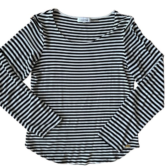 Calvin Klein Black + White Striped Long-Sleeved Tee Women's US Size M - Picture 6 of 6
